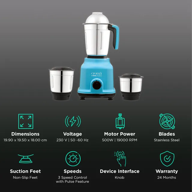 Croma 500 Watt 3 Jars Mixer Grinder (19000 RPM, Shock Proof Body, Blue) - OPEN BOX