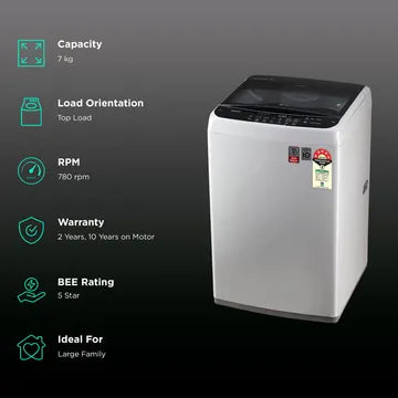 LG 7 kg 5 Star Inverter Fully Automatic Top Load Washing Machine (T70SPSF2Z.ASFQEIL, Auto Balance System, Middle Free Silver)