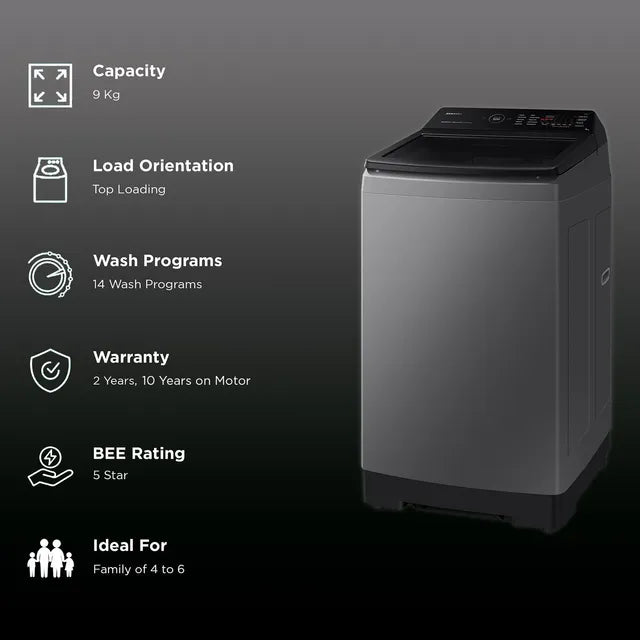 SAMSUNG 9 Kg 5 Star Inverter Fully Automatic Top Load Washing Machine (WA90BG4542BDTL, Diamond Drum, Dark Grey)-OPENBOX