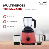 Croma 750 Watt 3 Jars Mixer Grinder (20000 RPM, Overload Protection, Red & Black) - OPEN BOX