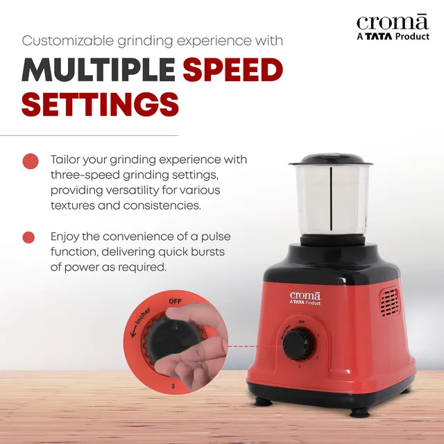 Croma 750 Watt 3 Jars Mixer Grinder (20000 RPM, Overload Protection, Red & Black) - OPEN BOX