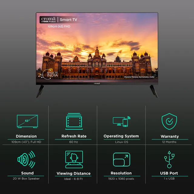 Croma 109 cm (43 inch) Full HD LED Smart TV with Bezel Less Display (CREL43FSD24601, 2023 Model)