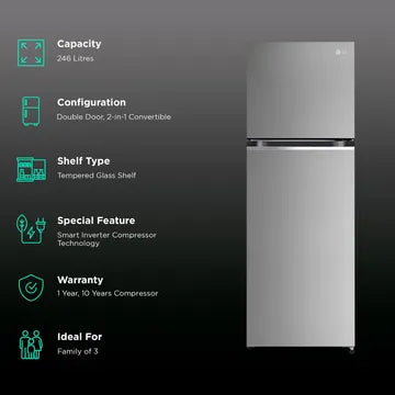 LG 246 Litres 3 Star Frost Free Double Door Convertible Refrigerator with Smart Diagnosis (GL-S262SPZX.DPZZEB, Shiny Steel)