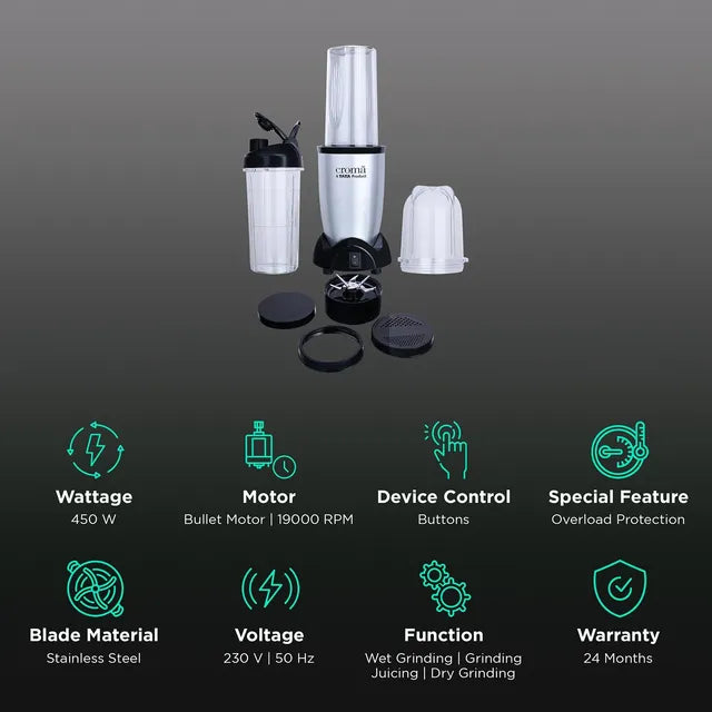 Croma Nutri 450 Watt 2 Jars Mixer Grinder Blender (19000 RPM, Bullet Motor, Silver and Black) - OPEN BOX
