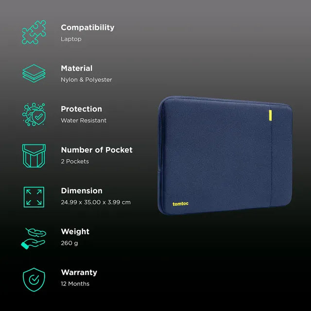 tomtoc A13D2B2 Recycled Fabric Laptop Sleeve for 14 Inch Laptop (Water Resistant, Blue)-OPEN  BOX