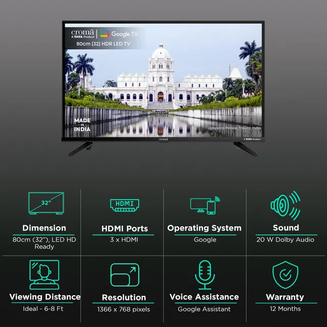 Croma 80 cm (32 inch) HD Ready LED Smart Google TV with Dolby Audio (OPENBOX)