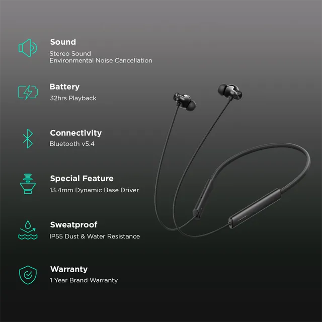 realme Buds Wireless 3 Neo Neckband with Environmental Noise Cancellation (IP55 Water Resistant, 32 Hours Playtime, Black)-open box