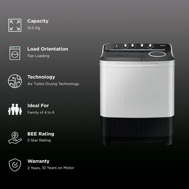 SAMSUNG 10.5 kg 5 Star Semi Automatic Washing Machine with Hexa Storm Pulsator (WT10C4260GG/TL, Light Gray)-OPENBOX