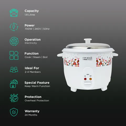 Croma 1.8L Electric Rice Cooker (White)