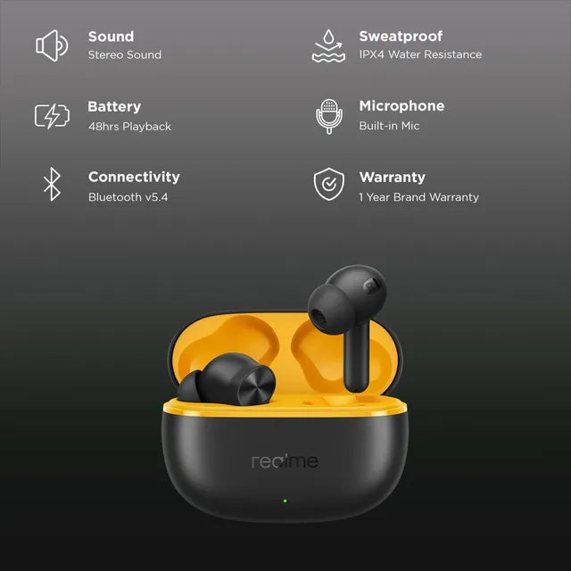 realme Buds T200 Lite TWS Earbuds with Environmental Noise Cancellation (IPX4 Water Resistant, Dual Device Connection, Volt Black) - OPENBOX