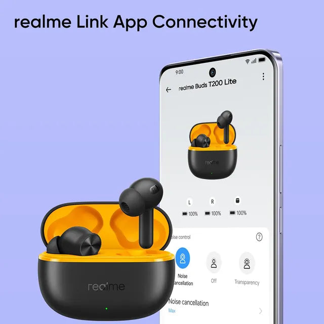 realme Buds T200 Lite TWS Earbuds with Environmental Noise Cancellation (IPX4 Water Resistant, Dual Device Connection, Volt Black) - OPENBOX