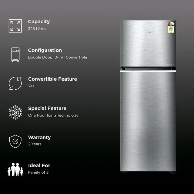 Haier 328 Litres 2 Star Frost Free Double Door Convertible Refrigerator with One Hour Icing Technology (HRF-3782BNS-P, Nickel Steel)