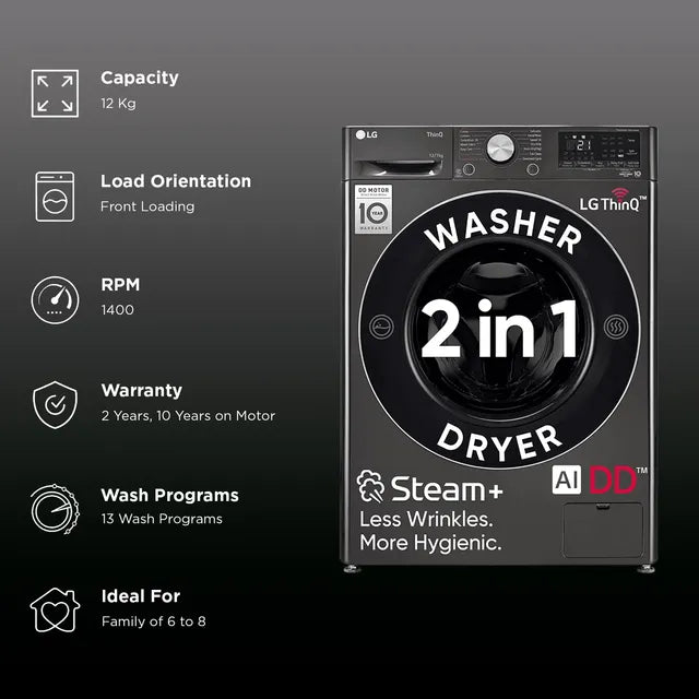 LG 12/7 kg Wi-Fi Inverter Fully Automatic Front Load Washer Dryer (Vivace WD, FHD1207STB.APBQEIL, AI Direct Drive, Platinum Black)-OPENOX
