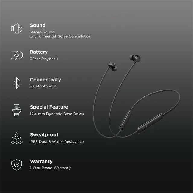 ealme Buds Wireless 5 Lite Neckband with Environmental Noise Cancellation (IP55 Dust & Water Resistant, Dual Device Connection , OPEN BOX