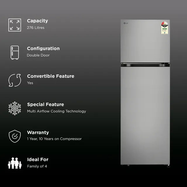 LG 276 Litres 2 Star Frost Free Double Door Convertible Refrigerator with Lower Door Basket (GLT2826XWPZ, Shiny Steel) (2026 Model) - OPEN BOX