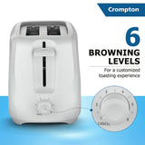 Crompton SunBrown Classic Pop-up Toaster 700W with Removable Crumb Tray | 6 Browning Levels with Cancel Function | Dust Cover Plate | White Cool Touch Body - OPEN BOX