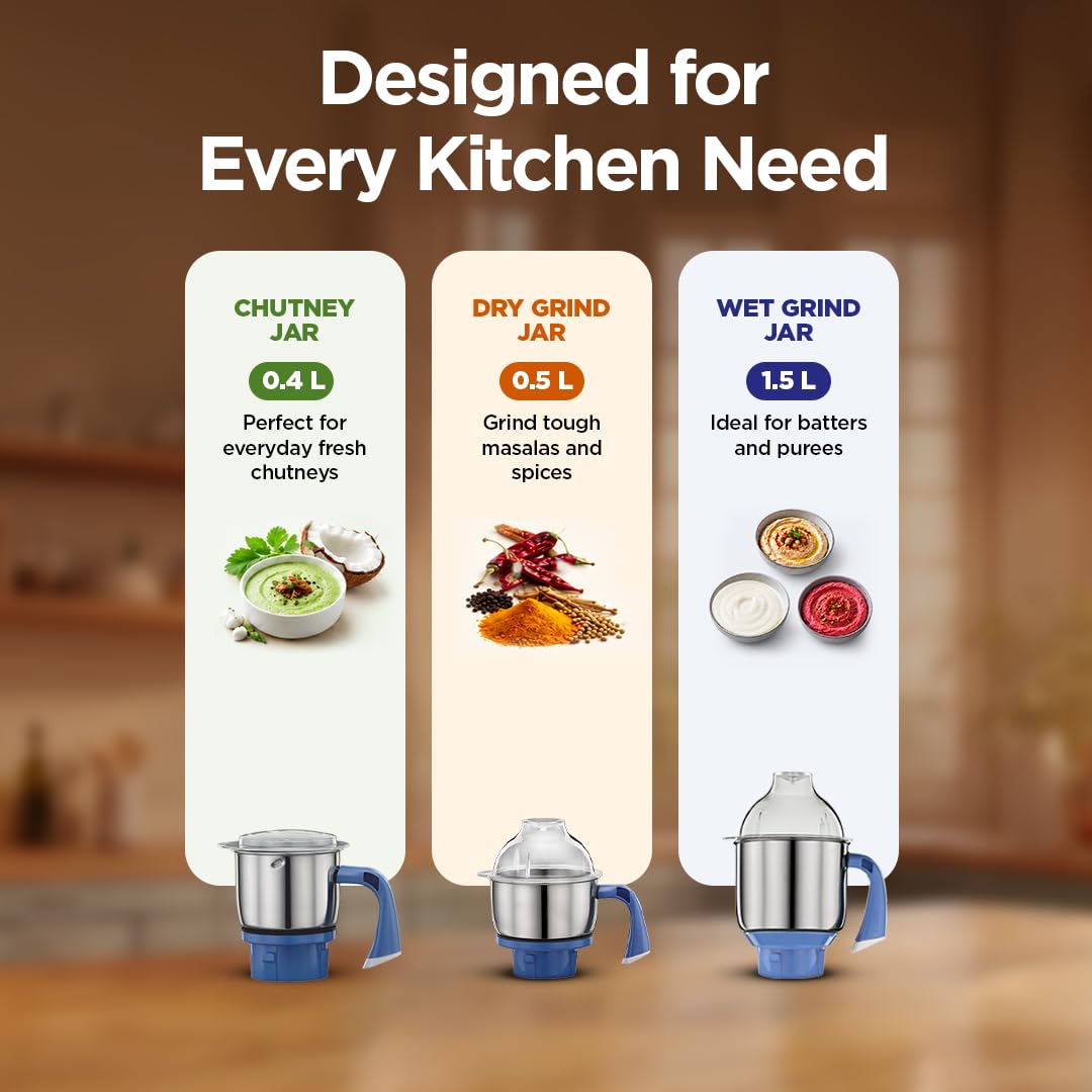 Preethi Diamond 750 Watts Mixer Grinder, 3 Jars (Stainless Steel) + Flexi Lid, Perfect Grinding for Masalas, Chutneys and Batters - OPEN BOX