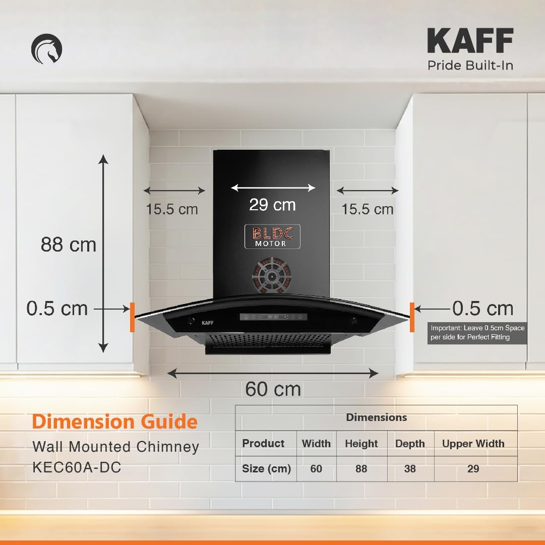 KAFF 60 cm 1400 m³/hr Curved BLDC Filterless Dry Heat Auto Clean Kitchen Chimney | Powerful Suction | Touch & Gesture Control | Low Noise | 2 Yr Product & 12 Yr Motor Warranty | Black | KEC 60A-DC-open box
