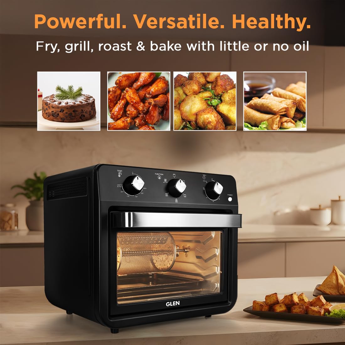 Glen Large Air Fryer Oven 25L 1800W, with Rotisserie, 6 Functions, Time & Temp Control, 3 Trays & 4 Accessories | All in One Airfryer Oven: Grill, Bake, Fry & Roast - OPEN BOX