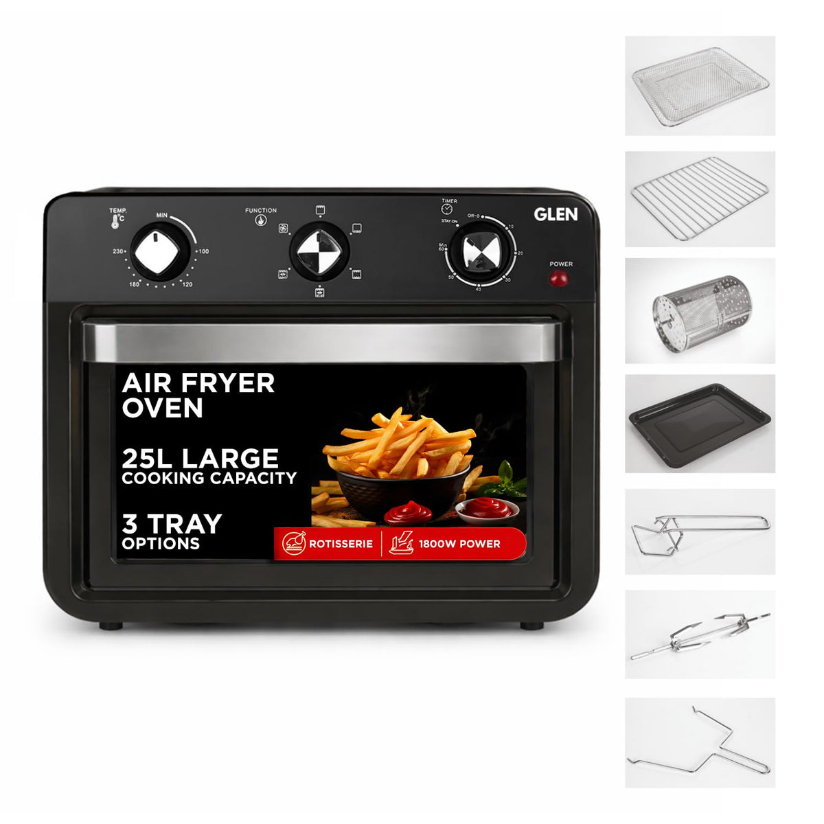 Glen Large Air Fryer Oven 25L 1800W, with Rotisserie, 6 Functions, Time & Temp Control, 3 Trays & 4 Accessories | All in One Airfryer Oven: Grill, Bake, Fry & Roast - OPEN BOX