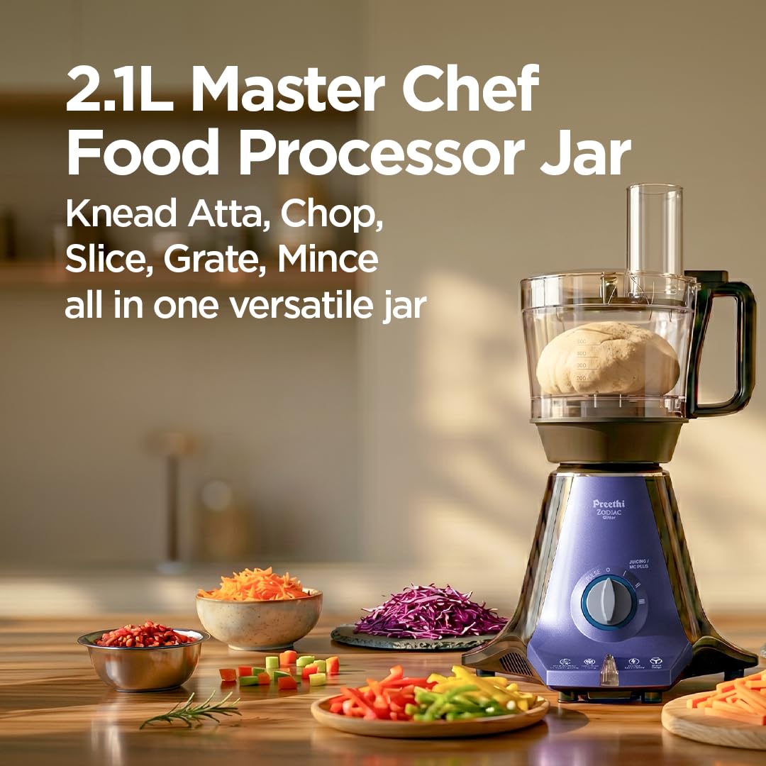 Preethi Zodiac Glitter 750 Watts Mixer Grinder, 5 Jars (1 Food Processor Jar, 3 Stainless Steel Jars, Juicer Jar), Atta Kneading, Powerful Grinding - OPEN BOX