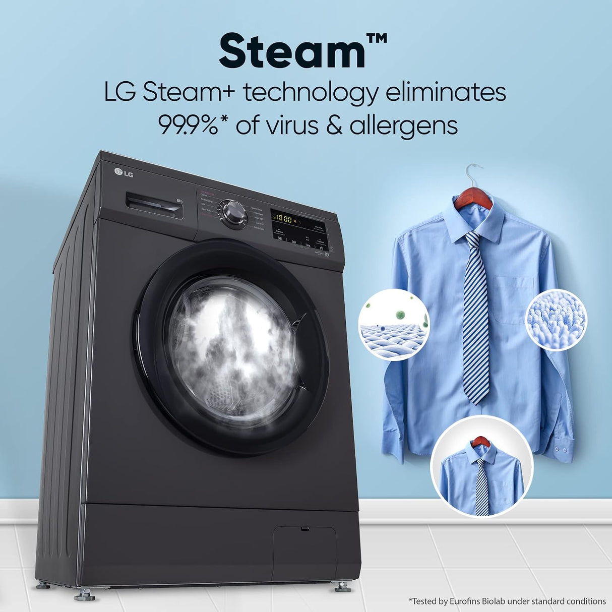 LG 8 Kg 5 Star Direct Drive Technology, Steam Wash, 6 Motion DD, Smart Diagnosis, Fully Automatic Front Load Washing Machine (FHM1408BDM, Allergy Care, In-Built Heater, Touch Panel, Middle Black)-OPEN BOX