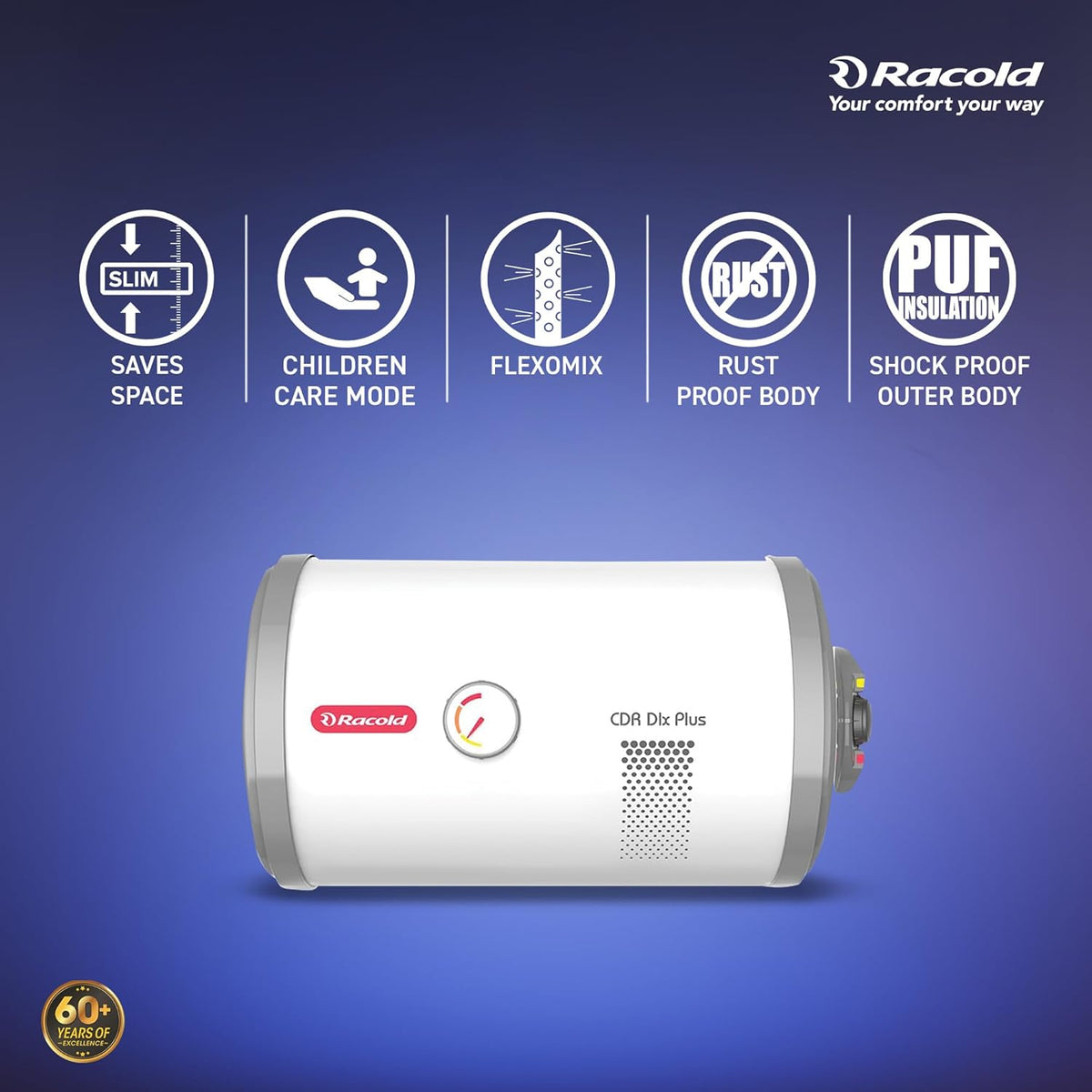 Racold CDR DLX Plus 25L Horizontal Energy Efficient Storage Water Heater(Geyser) with Free Standard Installation & Pipes|Temperature Display & Knob|Fits Under False Ceilings|Titanium Enameled Coating - OPEN BOX