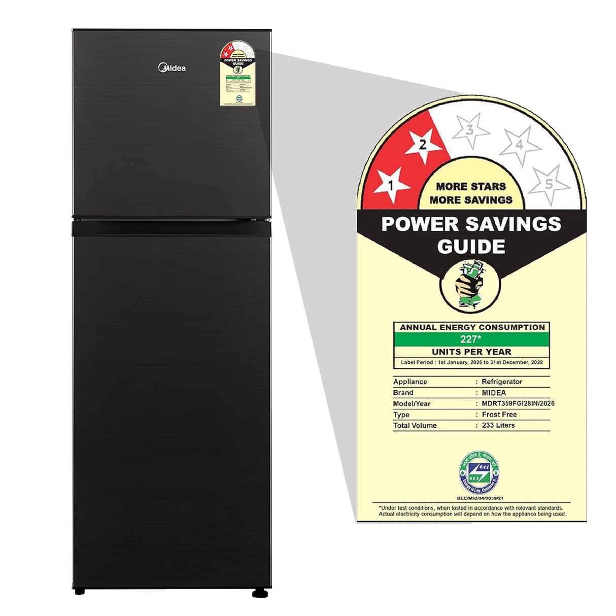 Midea 233L 2 Star Convertible 9-In-1 Inverter Compressor Frost Free Double Door Refrigerator with Multi Air Flow, Smart⁺ Cooling (MDRT359FGI28IN, Active C Fresh Deodorizer, Jazz Black, New 2026)-open box