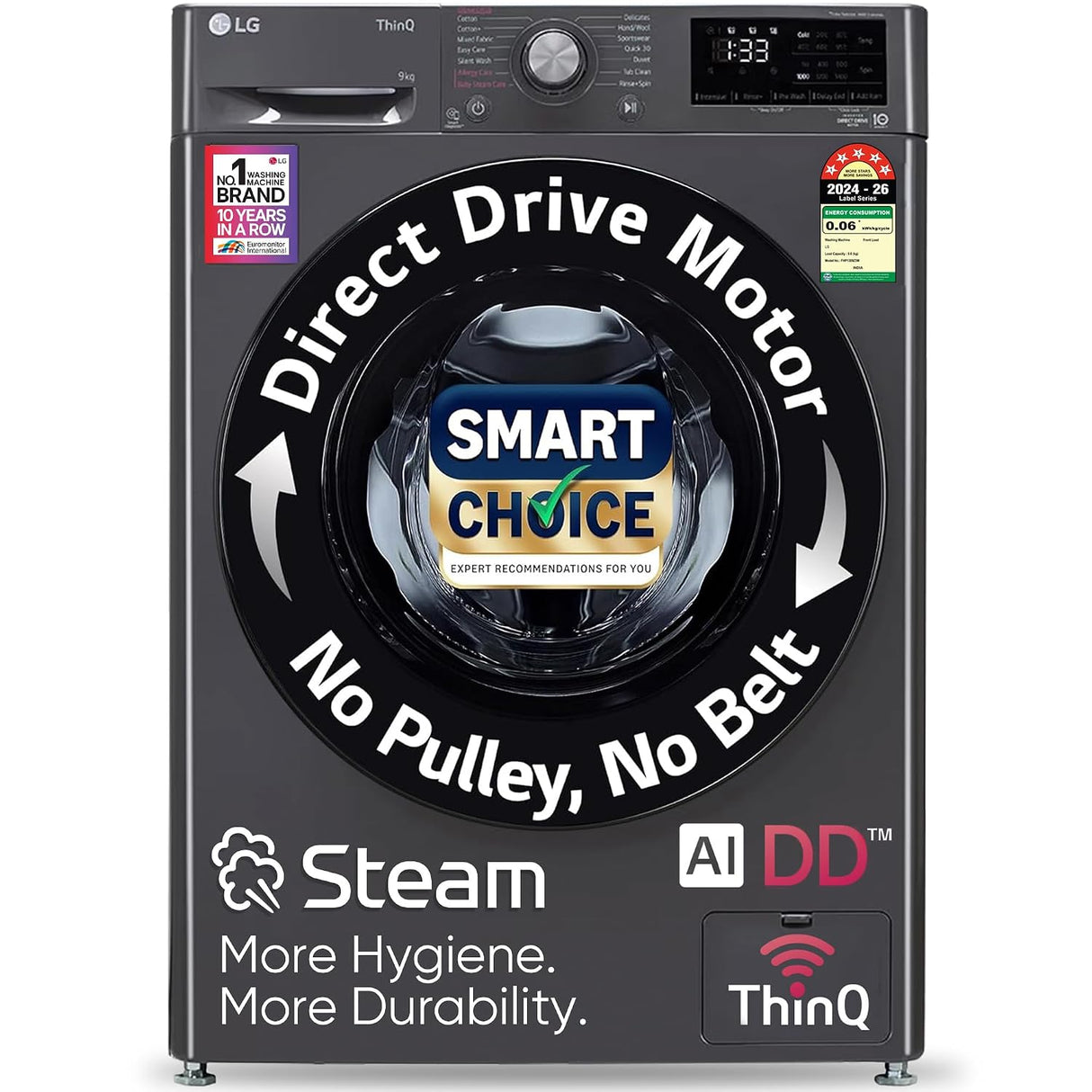 LG Smart Choice, 9 Kg, 5 Star, AI Direct Drive Technology, Steam, 6 Motion DD & Wi-Fi Fully-Automatic Front Load Washing Machine (FHP1209Z5M, Intelligent & Convenient Fabric Care, Middle Black)-OPEN BOX