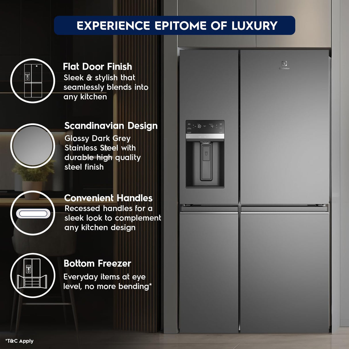 Electrolux UltimateTaste 900 680 Litres Frost Free French Door Refrigerator with Water Dispenser (EQE6879A-B NIN, Glossy Dark Grey)