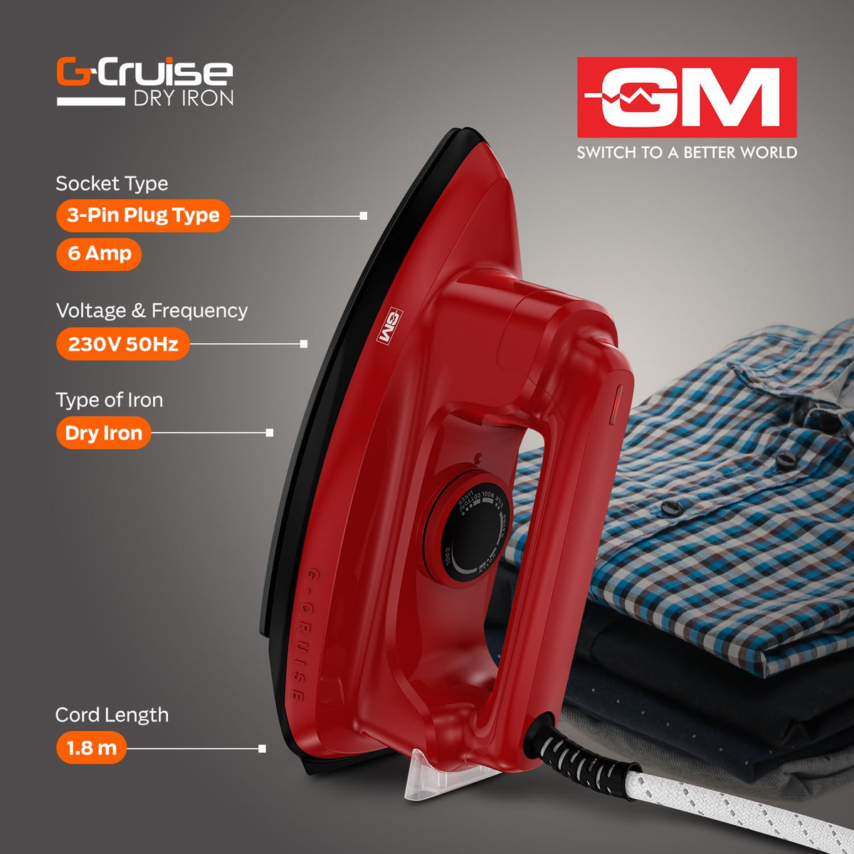 GM G-Cruise 1000 Watt Dry Iron Press with Dual Layer German Technology Non-Stick Coating | Thermostat Control to Easily Iron All Type of Clothes | 360° Swivel Cord - Red-OPEN BOX