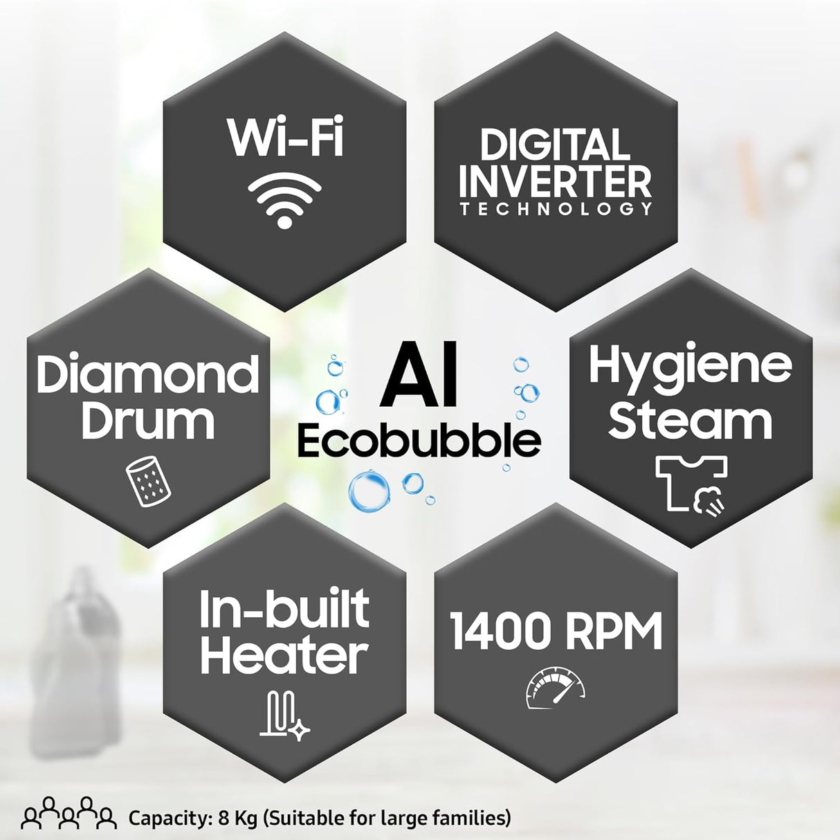 Samsung 8 kg, 5 star, AI Control, AI Eco Bubble, Wi-Fi, Digital Inverter, Motor, Fully-Automatic Front Load Washing Machine (WW80T504DAX1TL, Hygiene Steam, Inox)-OPEN BOX