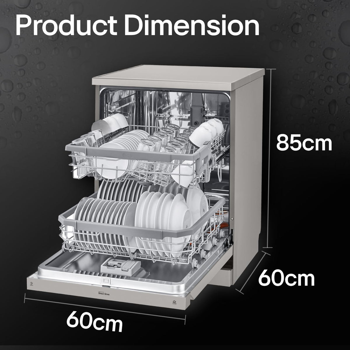 LG 14 Place Settings(fits up to 80 utensils) Inverter Direct Drive, Wi-Fi Free Standing Dishwasher (DFB424FP, Silver, Silent Operation, Tough Stain Removal, Adjustable racks & TrueSteam)-open box