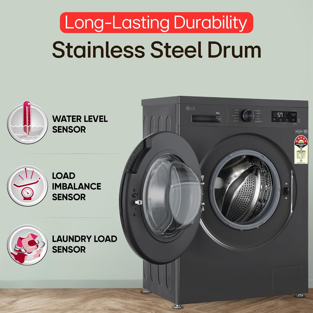 LG 8 Kg, 5 Star, Wi-Fi, Direct Drive Technology, Steam Wash, 6 Motion DD, Fully-Automatic Front Load Washing Machine (FHB1208Z4M, Allergy Care, In-Built Heater, Touch Panel, Middle Black)-OPEN BOX