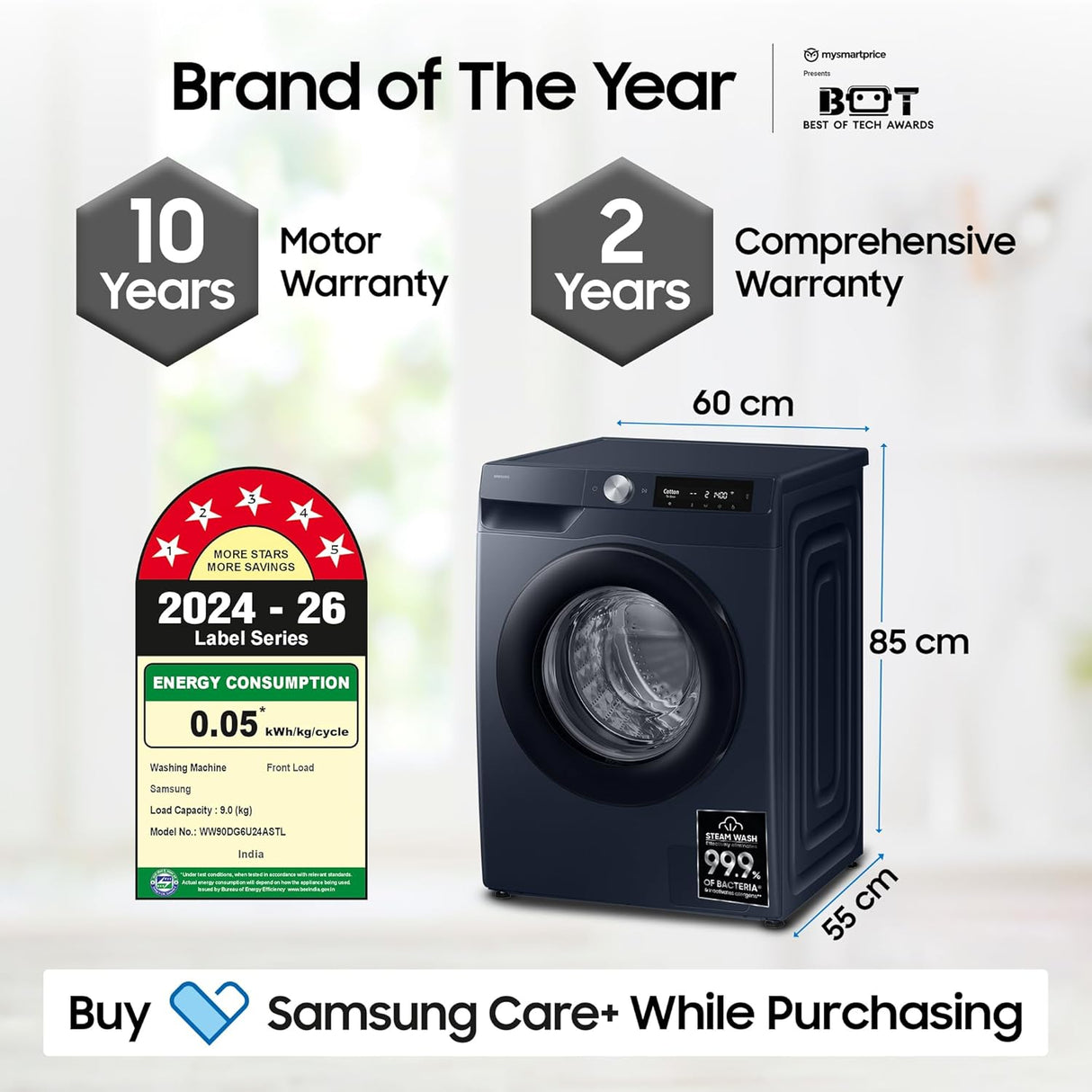 Samsung Smart Choice 9 kg, 5 Star, AI Control, AI Ecobubble, Super Speed, Wi-Fi, Hygiene Steam with Inbuilt Heater, Digital Inverter, Fully-Automatic Front Load Washing Machine (WW90DG6U24ASTL, NAVY) - OPN BOX