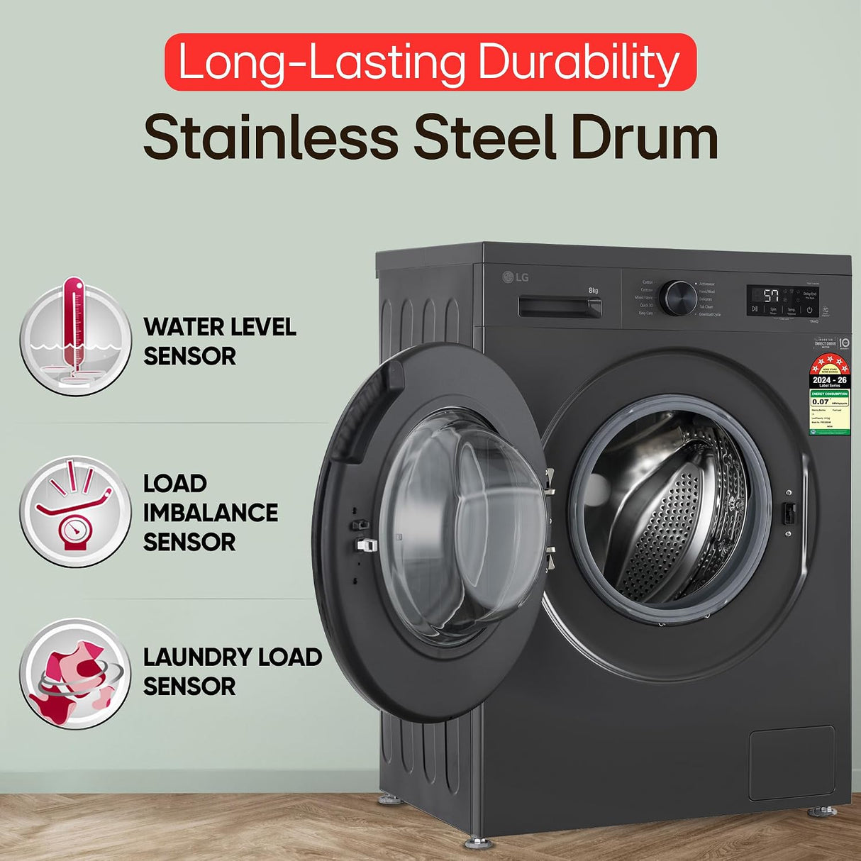 LG 8 Kg, 5 Star, Wi-Fi, Direct Drive Technology, Steam Wash, 6 Motion DD, Fully-Automatic Front Load - OPEN BOX