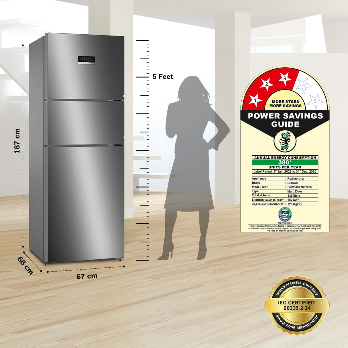 Bosch 335L Max Flex,3 Star,8 in 1 Convertible,Vario Inverter,Frost Free Triple Door Refrigerator,Smo