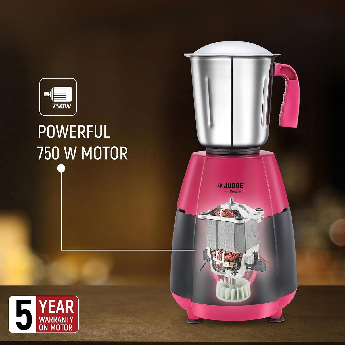 Judge By Prestige 750 Watts Aura Mixer Grinder with 3 Stainless Steel Jars| - OPEN BOX