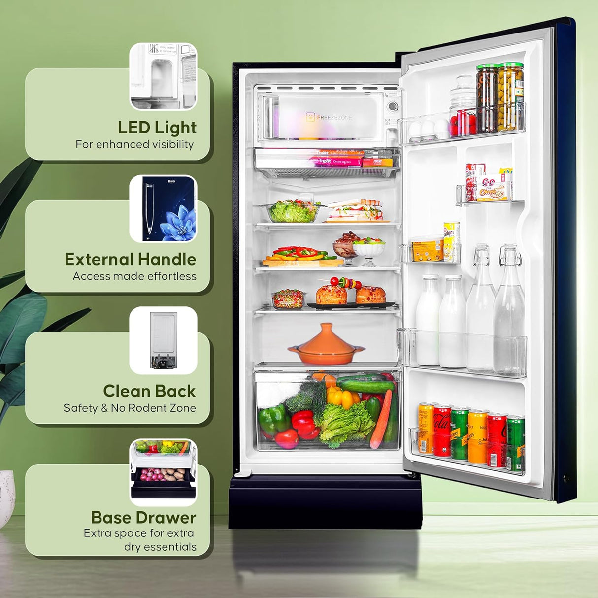 Haier 190L 5 Star Direct Cool Single Door Refrigerator | 3 Toughened Glass Shelves | Fast Ice Making in Just 60 minutes | Large Veg Box| Easy Clean Back (HED-205MFB-P, Marine Peony, Base Stand)-OPEN BOX