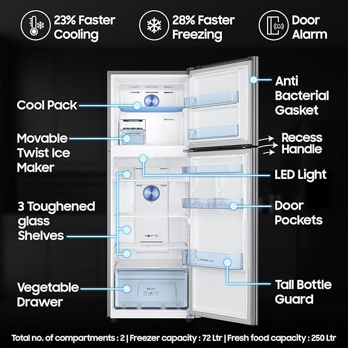 SAMSUNG 322 Litres 3 Star Frost Free Double Door Convertible Refrigerator with Stabilizer Free Operation (RT37C4523S8/HL, Elegant Inox)