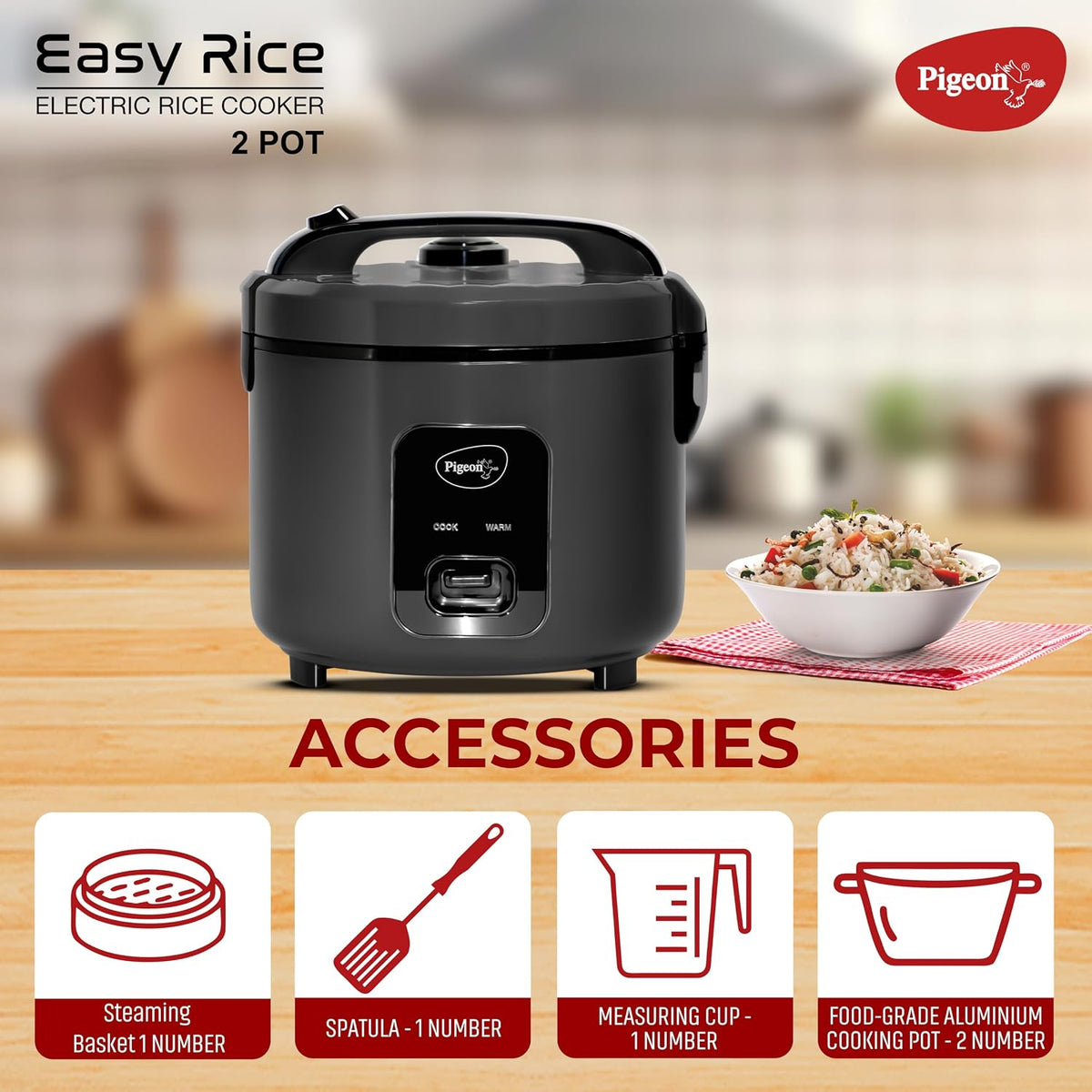 Pigeon Easy 3L Electric Rice Cooker with 2 Pots, Keep warm function, Steam basket, Spatula & Measuring cup (Grey) - OPEN BOX
