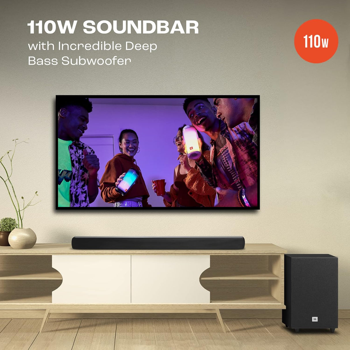 JBL Cinema SB241, Dolby Digital Soundbar with Wired Subwoofer for Extra Deep Bass, 2.1 Channel Home Theatre with Remote, HDMI ARC, Bluetooth & Optical Connectivity (110W) – OPEN BOX