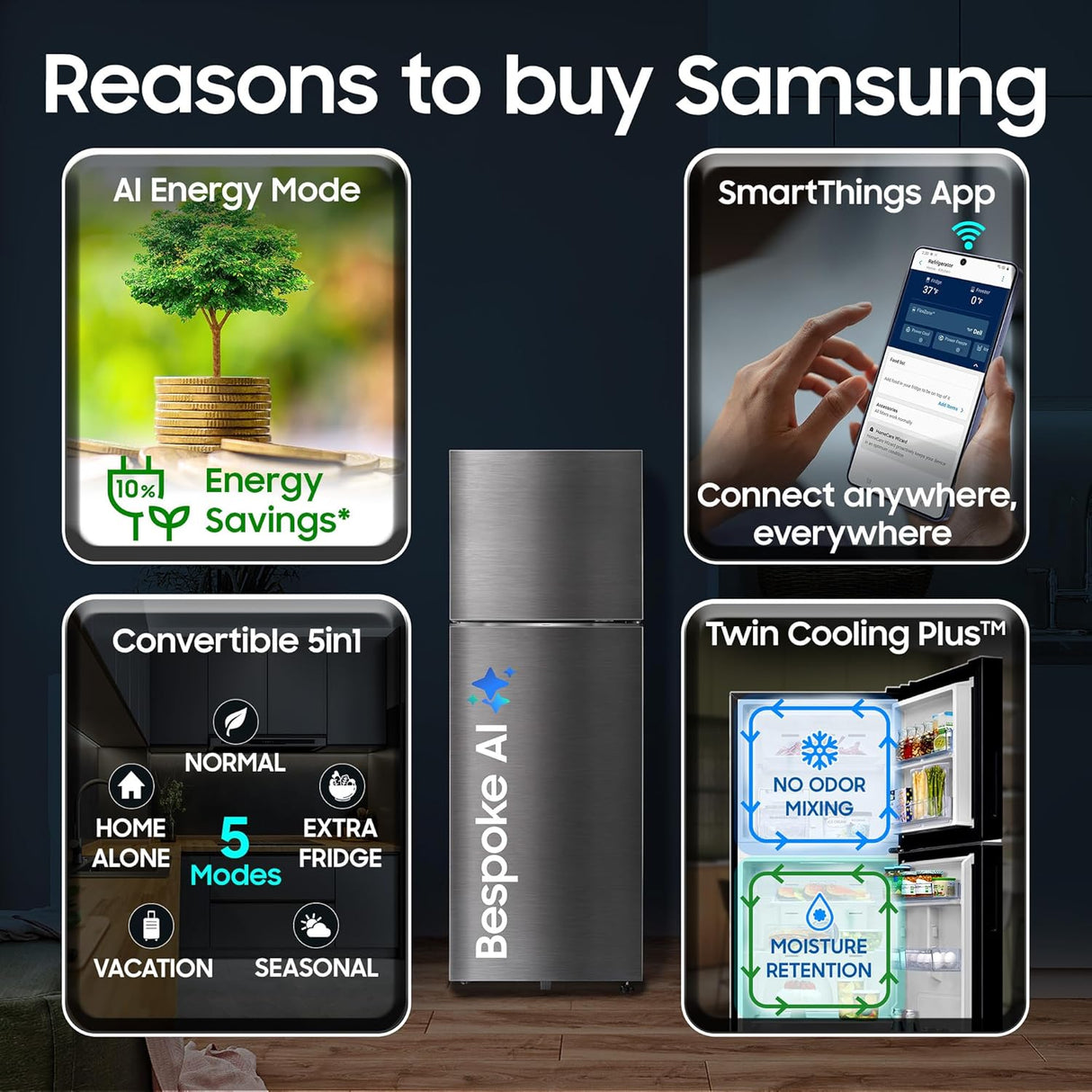 Samsung 467 L, 3 Star, Convertible 5-in-1, Digital Inverter, Frost Free Double Door, Bespoke AI WiFi Refrigerator (RT80H51C3KHL, Luxe Black, 2026 Model)-OPEN BOX