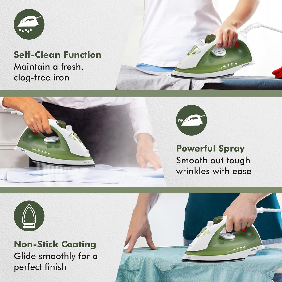 Havells Glaze 1250 Watts Steam Iron with Self Cleaning Function|Vertical & Horizontal Ironing|170 ml Tank for Longer Ironing|High Steaming Rate Upto 12 gm/min - OPEN BOX