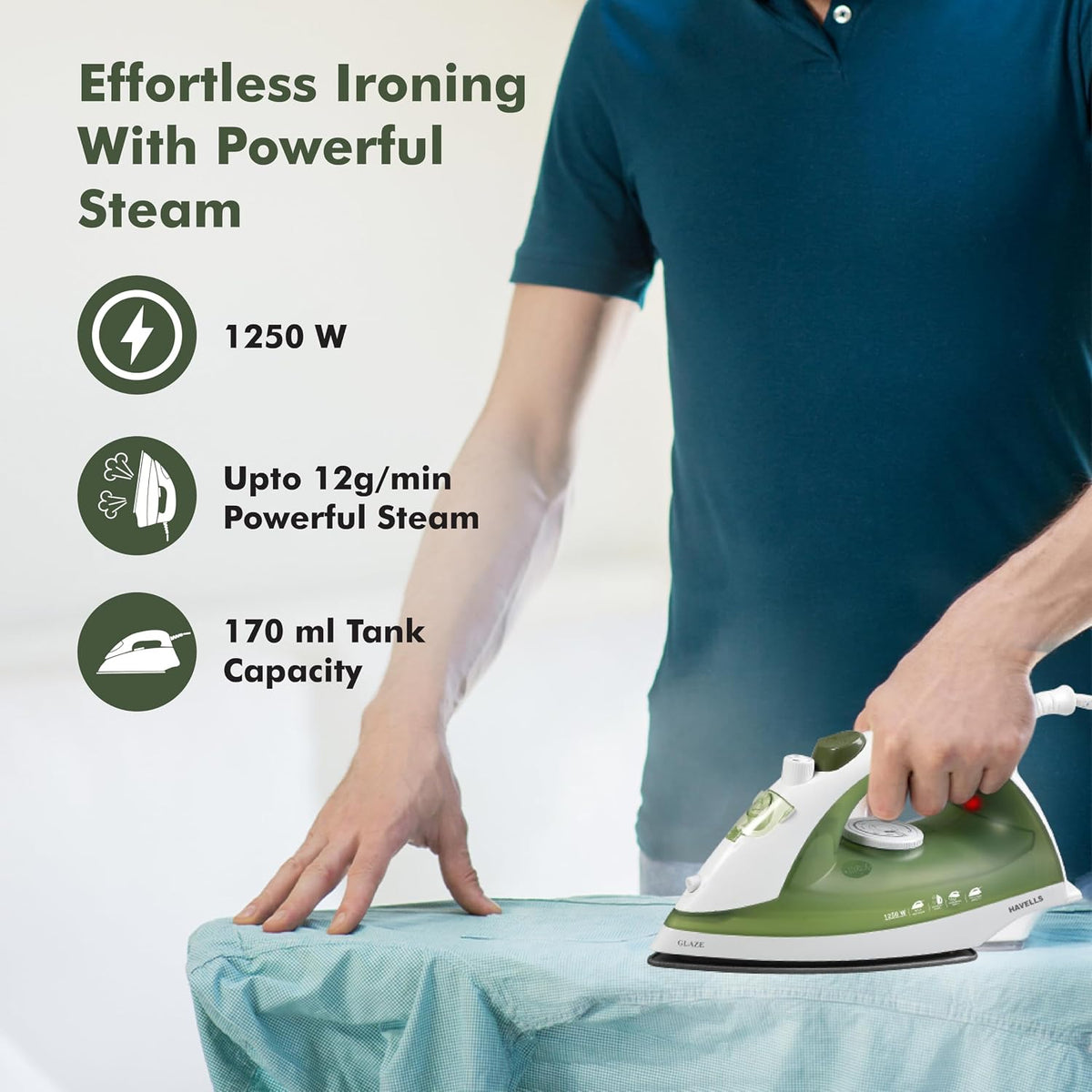 Havells Glaze 1250 Watts Steam Iron with Self Cleaning Function|Vertical & Horizontal Ironing|170 ml Tank for Longer Ironing|High Steaming Rate Upto 12 gm/min - OPEN BOX