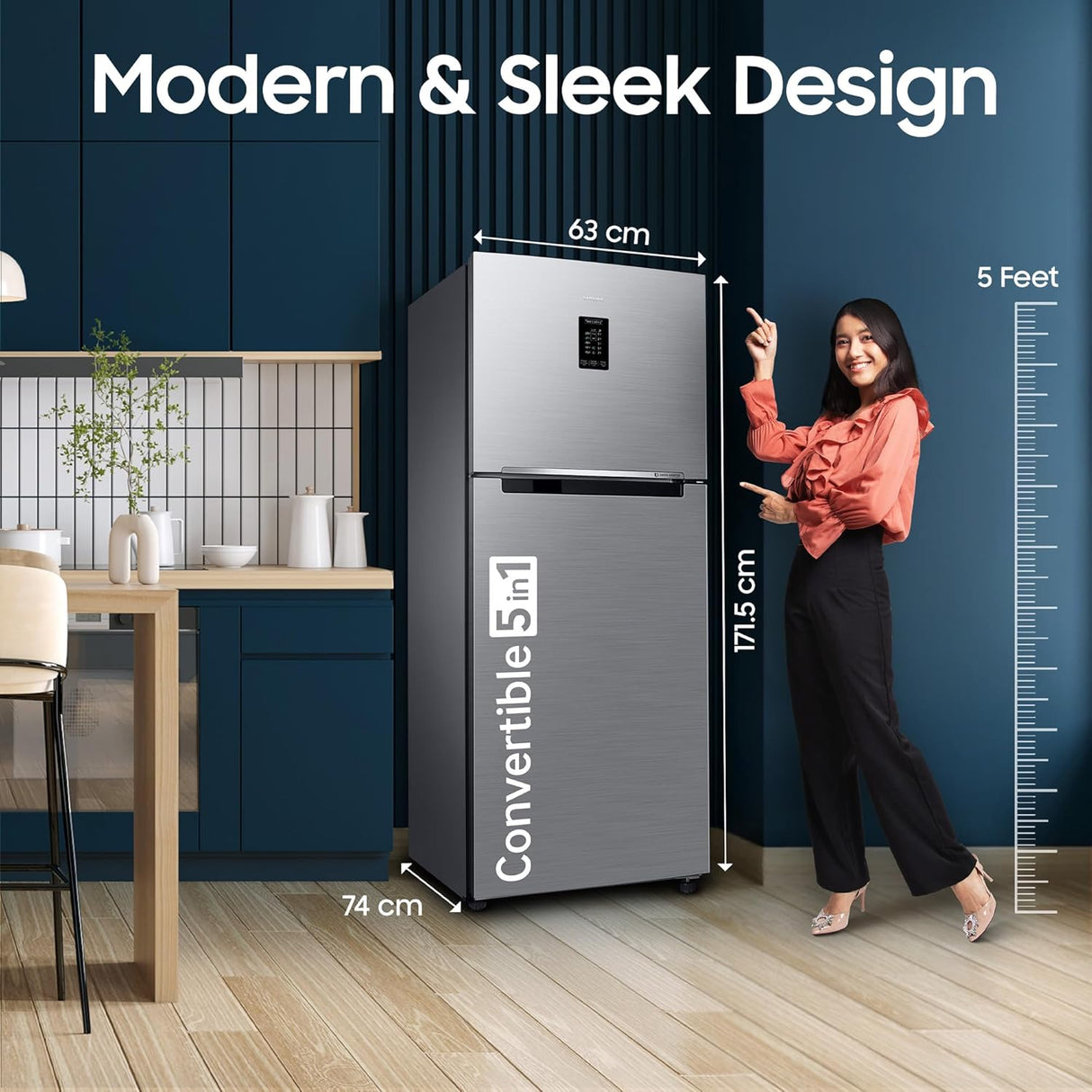 Samsung 301 L, 2 Star, Convertible 5-in-1 Digital Inverter with Display Frost Free Double Door Refrigerator (RT31H4522S9/HL, Silver, Refined Inox, 2026 Model)-OPEN BOX