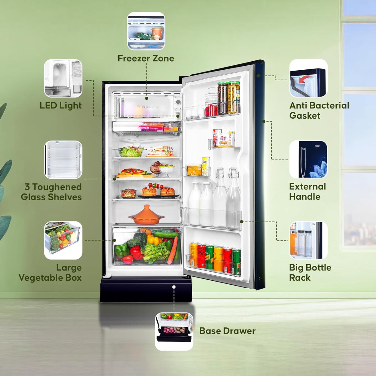 Haier 190L 5 Star Direct Cool Single Door Refrigerator | 3 Toughened Glass Shelves | Fast Ice Making in Just 60 minutes | Large Veg Box| Easy Clean Back (HED-205MFB-P, Marine Peony, Base Stand)-OPEN BOX