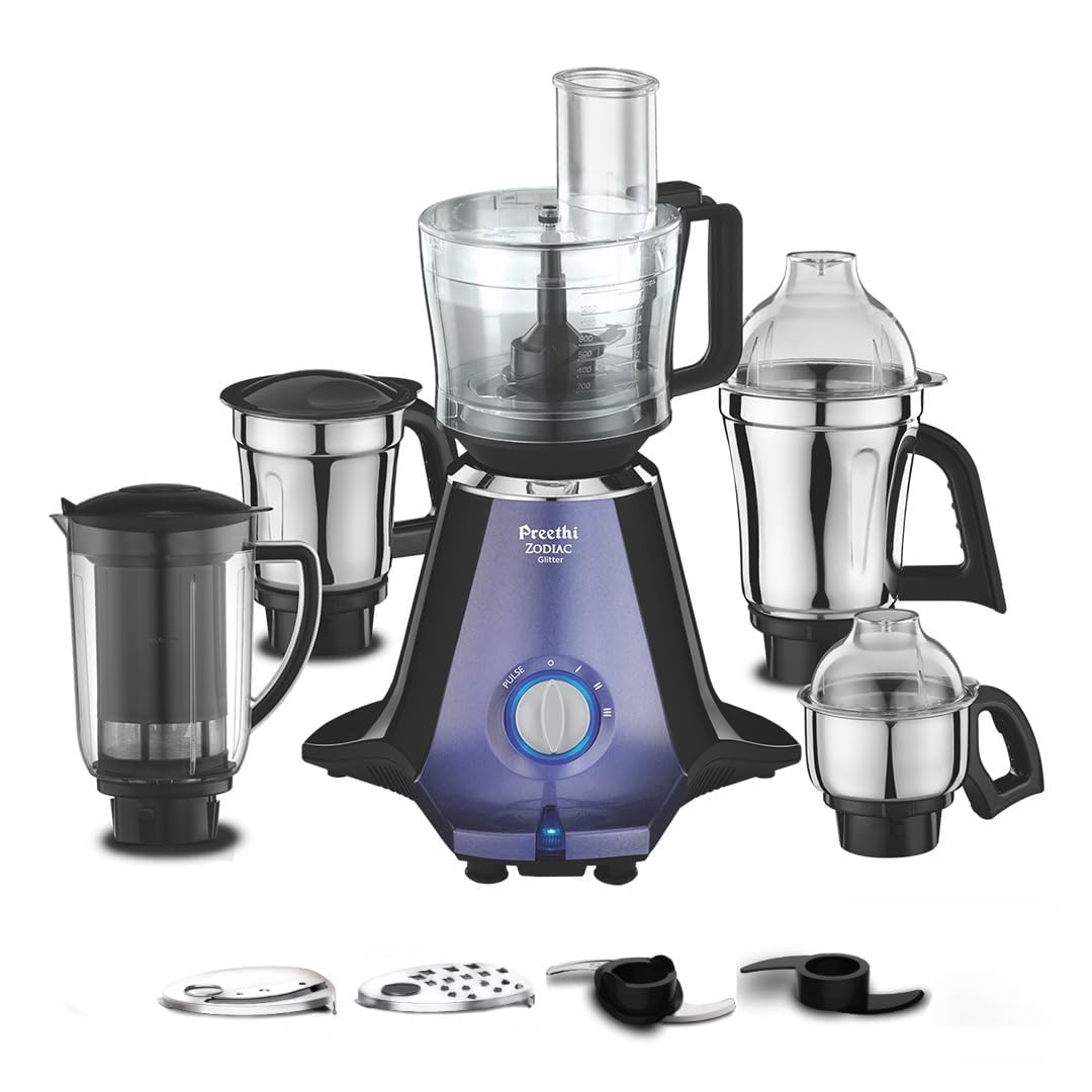 Preethi Zodiac Glitter 750 Watts Mixer Grinder, 5 Jars (1 Food Processor Jar, 3 Stainless Steel Jars, Juicer Jar), Atta Kneading, Powerful Grinding - OPEN BOX
