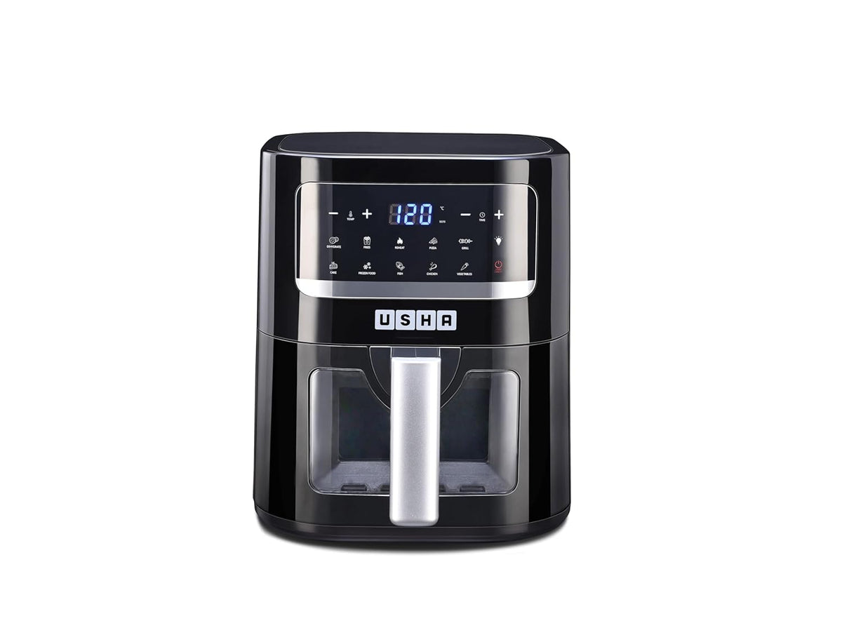 USHA Ichef Smart Air Fryer 4.5L,10 In 1 Functions10 Preset Menu|Digital Display&Touch Panel|Transparent Window|Illuminated Chamber|Turbo Air Circulation|Oil Free Cooking|Auto Pause/Start(Black),1350W- OPEN BOX